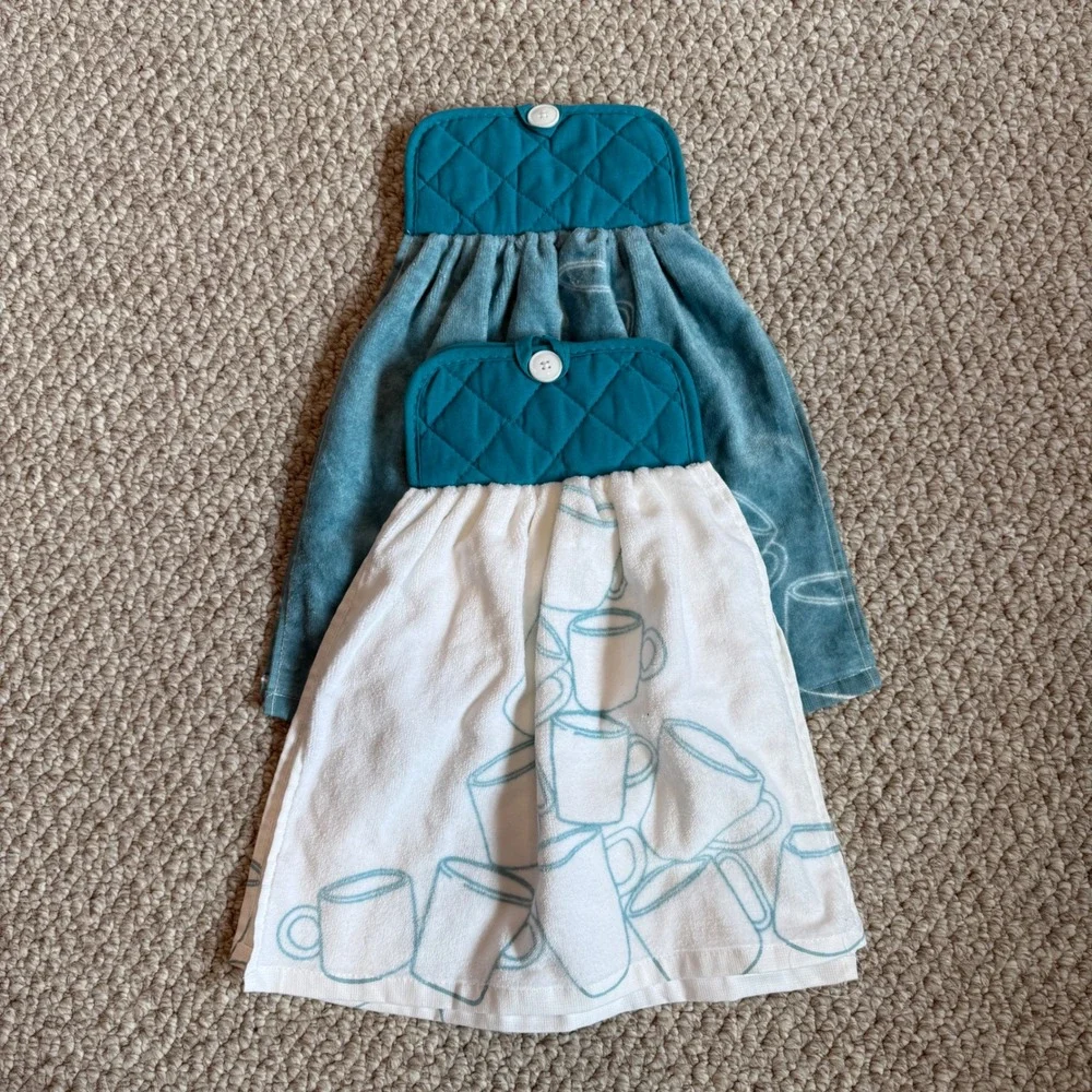 Handmade 2pc Coffee Mug Hanging Kitchen Towels‎ Teal White Quilted Button Top